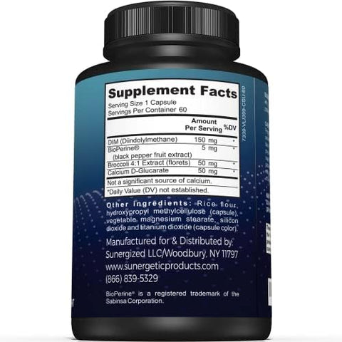 Sunergetic Premium Dim Supplement " 150Mg Diindolylmethane Broccoli Calcium Dglucarate & Bioperine For Men & Women " Dim Complex For Menopause Support & Balance 60 Capsules