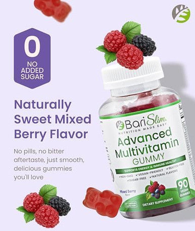 Barislim Advanced Bariatric Multivitamin Gummies - Specially Formulated Bariatric Vitamins For Patients After Weight Loss Surgery - Supports Energy & Immune Health Mixed Berry (90 Vegan Gummies)