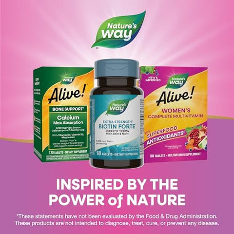NatureS Way Extra Strength Biotin Forte Supports Healthy Hair Skin and Nails 5000 Mcg Per Serving High Potency BVitamins Vitamin C 60 Vegan Tablets (Packaging May Vary)