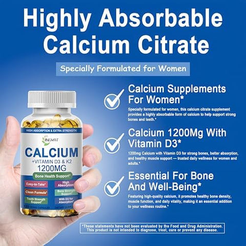 Calcium Supplements for Women Calcium 1200 mg with Vitamin D3 and K2 High Absorption Extra Strength Calcium Citrate for Bone Health Strength Density Muscle Heart Support Slow Release NonGMO