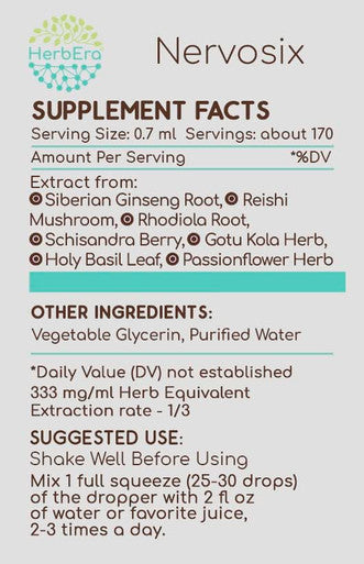 Nervosix B120 Alcohol-Free Extract Tincture, Liquid Drops: Passionflower Herb, Siberian Ginseng Root, Holy Basil Herb, Reishi Mushroom, Rhodiola Root, Schisandra Berry, Gotu Kola Herb. 4 Fl Oz