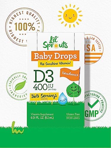 Carlyle Baby Vitamin D3 Liquid Drops 400 IU |.31oz (9.2 mL) 1 Year Supply (365 Servings) Vegetarian NonGMO and Gluten Free By Lil' Sprouts