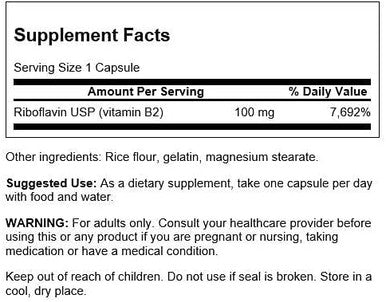 Swanson Vitamin B2 Supplement (Riboflavin) - Vitamin Supplement to Support Vision Health Aid Thyroid Function and Promote Energy Metabolism Support - (100 Capsules 100mg Each)