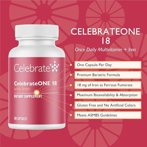 Celebrate Vitamins CelebrateONE 18 Multivitamin with Iron and Balance Probiotic + Prebiotic Capsules Bundle Bariatric Vitamins for PostGastric Bypass and Sleeve Gastrectomy Essential Digestive and Nu