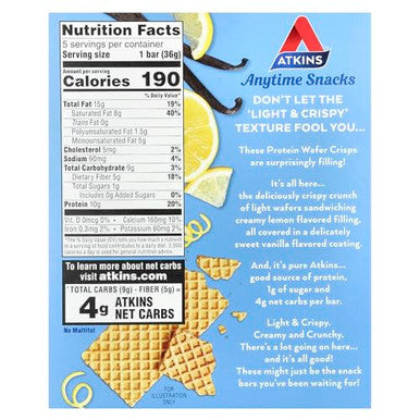 Atkins Anytime Snacks Protein Wafer Crisps Lemon Creme 5 Bars 1.27 Oz (36 G) Each