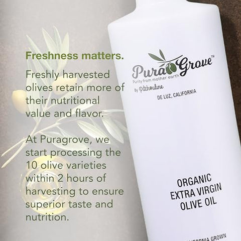 Pura Grove Organic Cold Pressed Extra Virgin Olive Oil Premium Grade - High Polyphenol - Hand Harvested & California Grown - 16.9Oz Opaque Glass Bottle 2024 Harvest 2025 Bottled