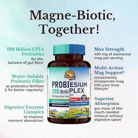 Vitalitown Probiotic + Magnesium Bundle (Pack Of 2) Probiotics 120 Billion (Item 1) & 6-In-1 Magnesium Complex (Item 2) Gut Bone Muscle Sleep Health Vegan 30 Capsules & 120 Capsules