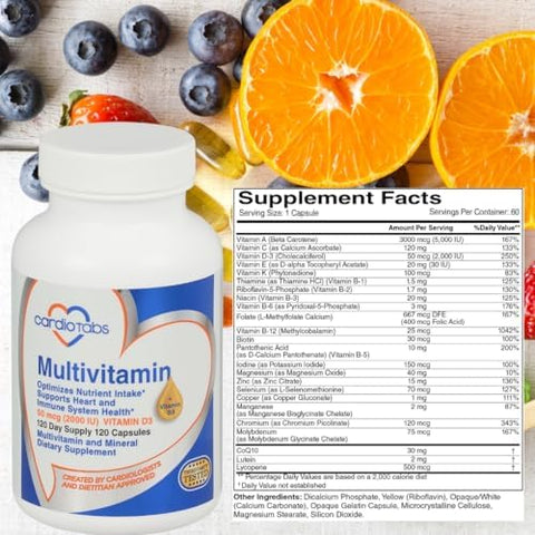Cardiotabs Multivitamin Heart And Immunity Supplements For Men & Women Multivitamin For Men & Women With Minerals Bvitamin Complex Vitamins A C E K And 2000 Iu Vitamin D3 120Count Bottle