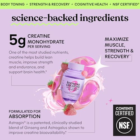 Lemme Creatine Monohydrate Gummies For Women And Men 5G Dose To Support Lean Muscle Strength Recovery Cognitive Health W/Ginseng For Absorption Sour Strawberry Nsf Certified 60 Gummies