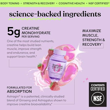 Lemme Creatine Monohydrate Gummies For Women And Men 5G Dose To Support Lean Muscle Strength Recovery Cognitive Health W/Ginseng For Absorption Sour Strawberry Nsf Certified 60 Gummies