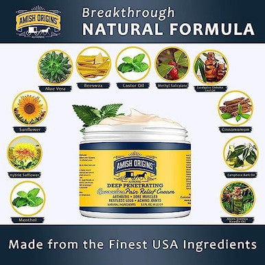 Amish Origins Arthritis Pain Relief Cream 7 Oz Maximum Strength Deep Penetrating For Joint Muscle Knee Back Feet Hand Ankle Aches Neuropathy