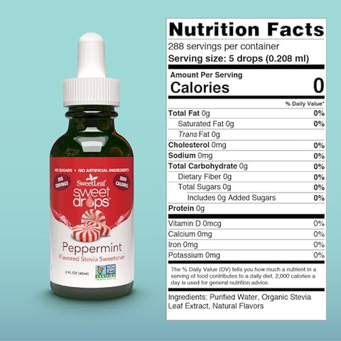 SweetLeaf Sweet Drops Flavored Stevia Liquid Sweetener Organic Stevia Extract Zero Calories Gluten Free Keto Friendly Non GMO Natural Flavor Sugar Alternative Peppermint 2 Fl Oz (Pack of 1)