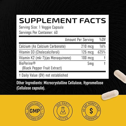 Vitamin D3 K2 5000 IU (60ct) and Magnesium Citrate 500 MG (60ct) Immune System Strong Bones Calm Relaxation Digestion and Muscle Support NonGMO