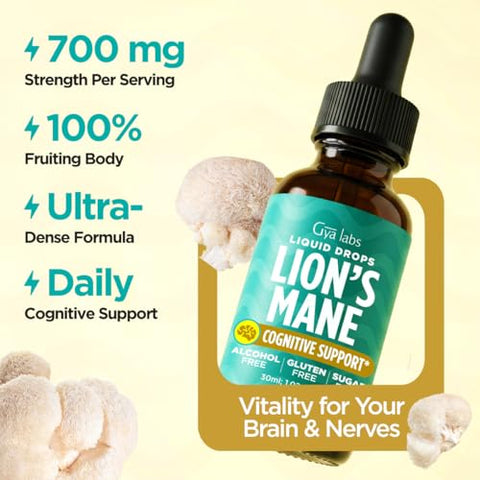 Gya Labs Lion'S Mane Extract Liquid Drops - Mushroom Supplement For Memory And Cognitive Clarity - Enhances Cognitive Function And Sharpness - Non-Gmo Sugar & Alcohol Free 1 Fl Oz