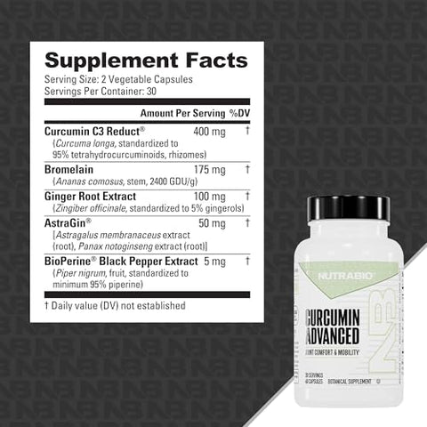 Nutrabio Curcumin Advanced Digestion & Joint Support Complex With Bromelain Ginger Root Extract Bioperine And Astragin 60 Vegetable Capsules