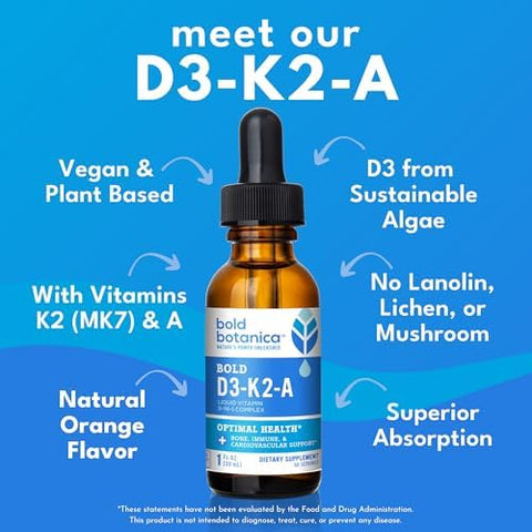 Bold Botanica D3-K2-A Liquid Vitamin Complex Vegan D3 From Organic Algae With Vitamin K2 (Mk7) And A For Immune Support Natural Orange Flavor Tastes Delicious 1 Fl Oz. (30Ml)