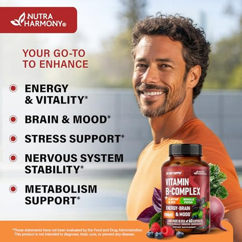 Nutraharmony Vitamin B Complex - B1 B2 B3 B5 B6 Biotin B12 5-Mthf - Astragalus & Whole Food Blend - Energy Metabolism & Brain - Vitamins B For Women & Men - Made In Usa - 60 Capsules 60 Days Supply