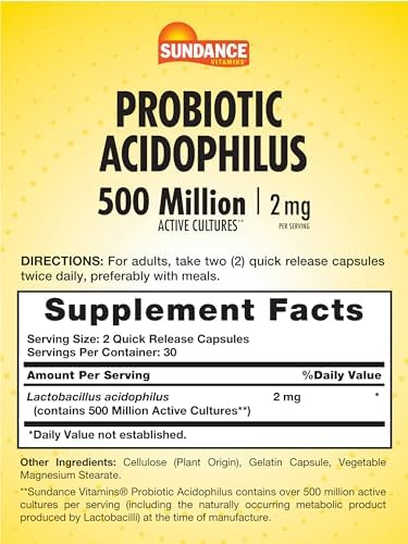 Sundance Probiotic Acidophilus 500 Million Active Cultures 60 Quick Release Capsules Nongmo Gluten Supplement