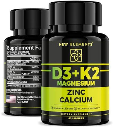 Elements Vitamin D3 K2 With Magnesium Glycinate + Zinc & Calcium Magnesium 1500Mg D3 10,000 Iu K2 (Mk7) 200Mcg Zinc 50Mg Calcium 50Mg Immunity, Bone & Recovery Support - Vegan, Non-Gmo