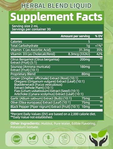 Lukaree Citrus Bergamot + Soursop Liquid Drops With Garlic Olive Leaf Vitamin C D3 Black Pepper For Enhanced Absorption Herbal Wellness Supplement For Cholesterol Heart Digestive & Immune 2 Fl Oz