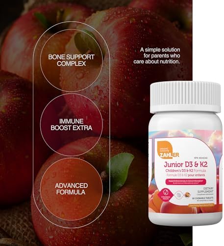 Zahler Junior D3 and K2 Bone Building and Immune Support for Kids Vitamin D3 and Vitamin K2 to Support Bone Density and Calcium Absorption NonGMO and GlutenFree Peach Apricot 90 Chewable Tablets