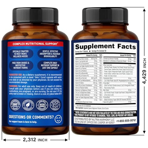 Nutraharmony Multivitamin For Men - B-Complex Whole Foods & Enzymes - Energy Focus & Brain Men'S Health Complex - 46In1 Mens Multivitamin - Bioavailable & Gentle On Stomach - Made In Usa - 90 Capsules 1/Day