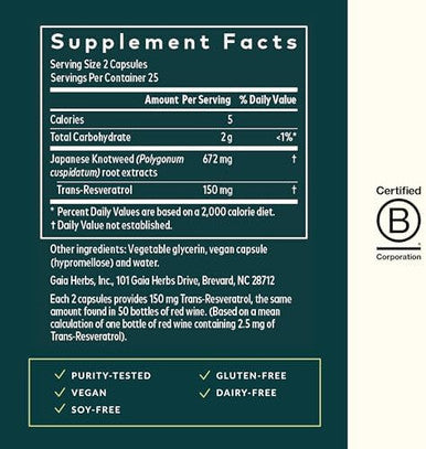 Gaia Herbs Resveratrol 150 Beauty & Radiance Antioxidant Support Supplement Made With Japanese Knotweed Contains 150 Mg Transresveratrol Per Serving 50 Liquid Phytocapsules (25Day Supply)