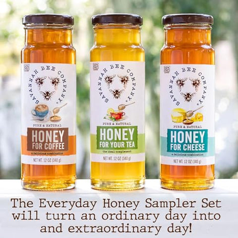 Savannah Bee Everyday Honey Sampler Set - 3 Oz Sampler Set in 3 Bottles - Honey Set for Coffee, Tea, and Cheese Boards