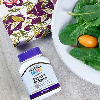 21St Century Papaya Enzyme Chewable (100 Count) Papaya & Pineapple Digestive Enzymes For Gut Health Tropical Flavor Nongmo Gluten No Added Salt Yeast Artificial Flavors