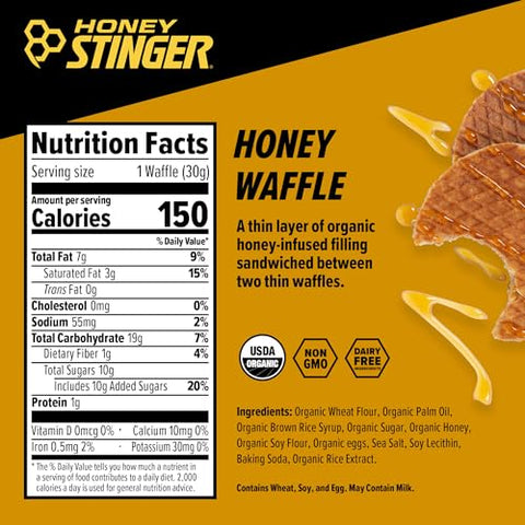 Honey Stinger Organic Honey Waffle | Energy Stroopwafel for Exercise, Endurance and Performance | Sports Nutrition for Home & Gym, Pre and Post Workout | Box of 6 Waffles, 6.36 Ounce
