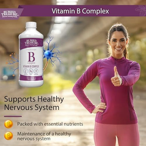 Buried Treasure B Complete Liquid Vitamin B Complex with MethylCobalamin B12 and MethylFolate B9 Biotin B1 B2B3 B5 B6 Liquid and SugarFree Women and Men Dose Cup for Measuring