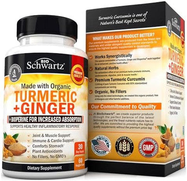 Organic Turmeric Curcumin And Ginger 95% Standardized Curcuminoids With Bioperine Black Pepper Extract For Ultra High Absorption Natural Joint Support Supplement Gluten 60 Capsules