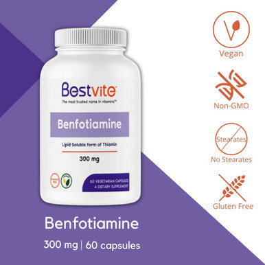 Benfotiamine 300mg (60 Vegetarian Capsules) No Stearates - No Silicon Dioxide - Vegan - Non GMO - Gluten Free