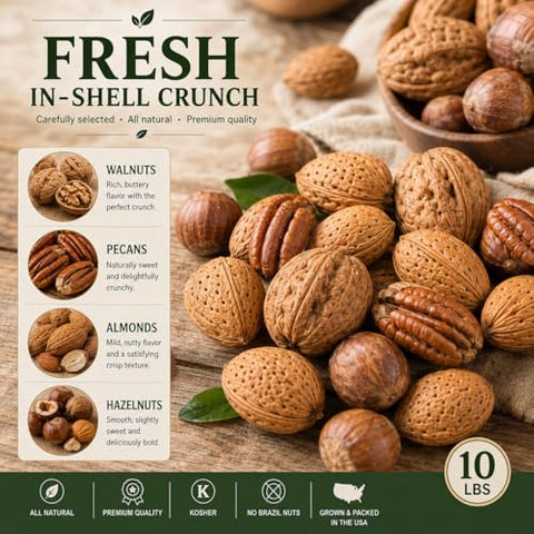 Anna and Sarah Premium Kosher Mixed Nuts in Shell Box, NO BRAZIL NUT 10 Lbs | 160 Oz Bulk, Jumbo Walnuts, Extra Large Pecans, Almonds, Large Oregon Hazelnuts, Fresh
