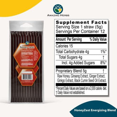 Amazing Herbs Raw Natural Honey - Herbal Honey Infused With Ginseng, Ginger, Ginkgo Extracts & Pure Black Seed Oil, Non Gmo, Gluten Immune Booster - Honeyzest Energizing Straws, 12 Count