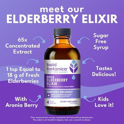 Bold Botanica Elderberry Elixir 65X Concentrated Extract - Sugar- - Kid Friendly - Black Elderberry Syrup With Aronia Berry For Immune Support - 4 Fl. Oz.