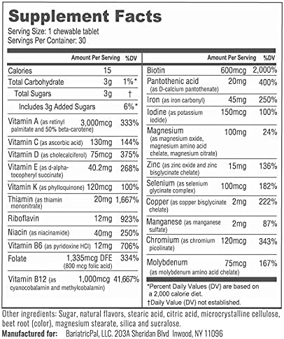 BariatricPal Multivitamin ONE 1 per Day! Bariatric Multivitamin Chewable with 45mg Iron Mixed Berry (30 Count)