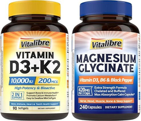 Vitamin D3 K2 Supplement 10000 IU 90 Softgels and Magnesium Glycinate 420mg with Vitamin D3 and B6 240 Capsules
