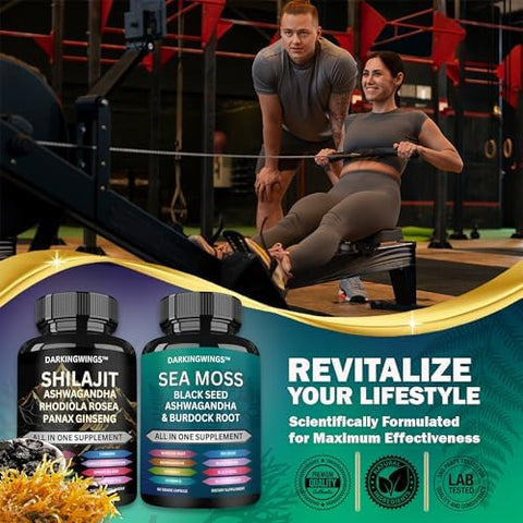 Shilajit and sea Moss Combo Shilajit Capsules Added Ashwagandha Sea Moss Ginger and Black Seed Oil Rhodiola Rosea Panax Ginseng Seamoss and shilajit Bundle All in one Supplement