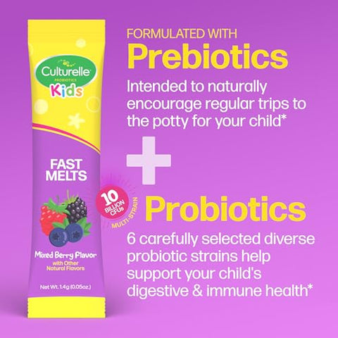 Culturelle Kids Complete Probiotics Fast Melts Mixed Berry Flavor 30 Count Sugar Free Prebiotic Probiotic Powder For Digestive And Immune Health Supports Daily Regularity