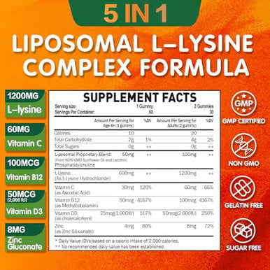 Geeoasis Liposomal L-Lysine Gummies 1200Mg Lysine Chewable Supplement With Vitamin C D3 B12 & Zinc For Adults & Kids Immune & Collagen Support Lips & Skin Health Vegan Natural Fruit Flavor 60Ct