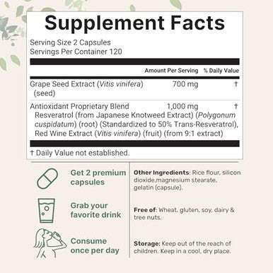 Micro Ingredients Grape Seed Extract 240 Capsules 3-In-1 Antioxidant Blend With Resveratrol & Red Wine Extracts Max Strength Polyphenols Supplement Non-Gmo