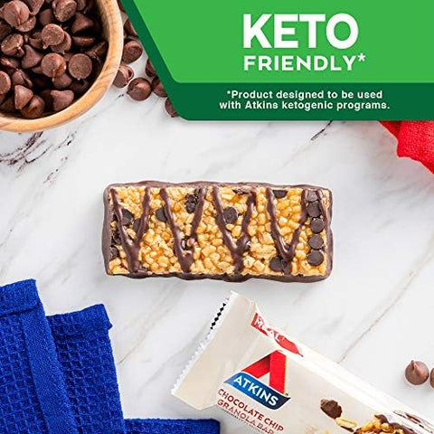 Atkins Chocolate Chip Granola Protein Meal Bar High Fiber 17G Protein 1G Sugar 3G Net Carbs Meal Keto Friendly 8 Count
