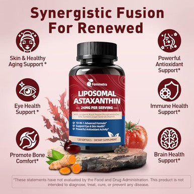 Femmetra Liposomal Astaxanthin Supplements 24Mg With Lycopene For Eye Skin & Immune Health 10-In-1 Max Strength Astaxanthin Antioxidant Supplement Fresh Microalgae Source Non-Gmo 120 Softgels