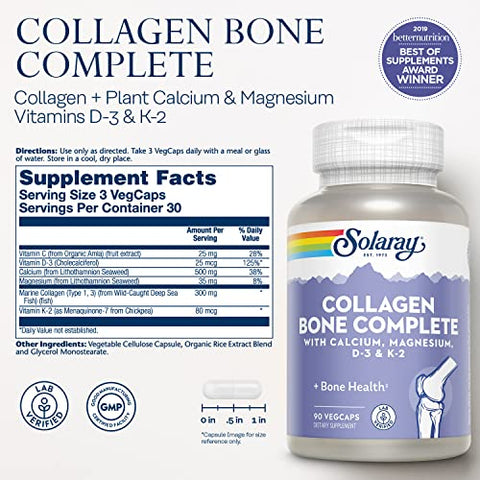 Solaray Collagen Bone Complete - Marine Collagen Capsules With Calcium Magnesium & Vitamin D3 For Women & Men Bone Strength & Health Support 90 Capsules
