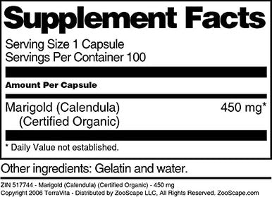 Terravita Marigold (Calendula) (Certified Organic) - 450 Mg (100 Capsules, Zin: 517744)