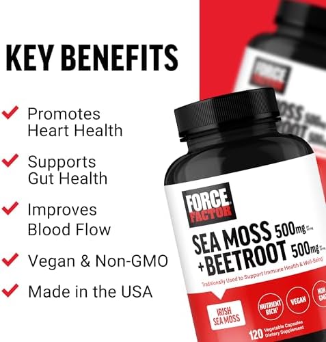 Force Factor Irish Sea Moss + Beet Root Supplement | Support Immune Health, Circulation, Natural Energy & Heart Health, with Antioxidants, Non-GMO, 120 Vegetable Capsules