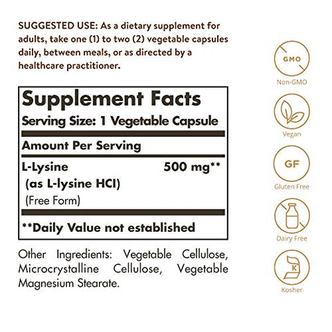 Solgar L-Lysine 500 Mg 250 Vegetable Capsules - Enhanced Absorption & Assimilation - Promotes Integrity Of Skin & Lips - Collagen Support - Amino Acids - Non-Gmo Vegan Gluten Free