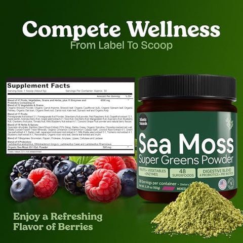 Atlantic Naturals Organic Sea Moss Super Greens Powder Greens Superfood with 12 Vegetables 15 Fruits Probiotics 16 Herbs and Spices Digestive Health Energy Skin and Immunity Mixed Berry Flavor