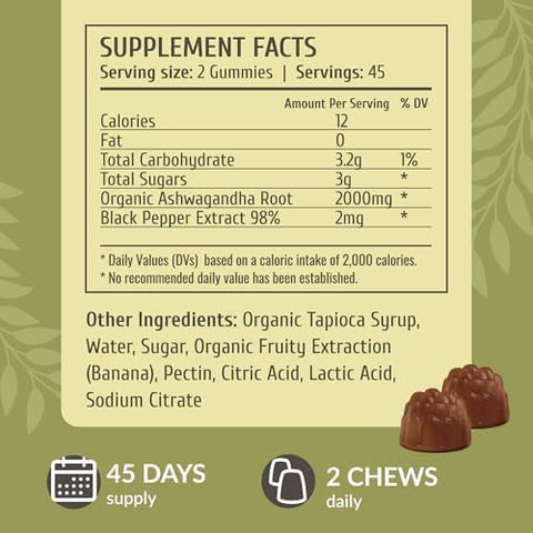 Herbamama Ashwagandha Gummies - 2000Mg Pure Ashwagandha Root With Black Pepper For Calm & Mood Support - Vegan Non-Gmo Calming Supplements For Adults - 90 Pectin-Based Banana-Flavored Chews